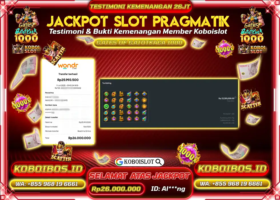 BUKTI KEMENANGAN SLOT GACOR GATES OF GATOT KACA 1000 Rp26.000.000,- LUNAS