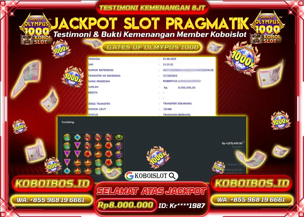 BUKTI KEMENANGAN SLOT GACOR GATES OF OLYMPUS 1000 Rp8.000.000,- LUNAS