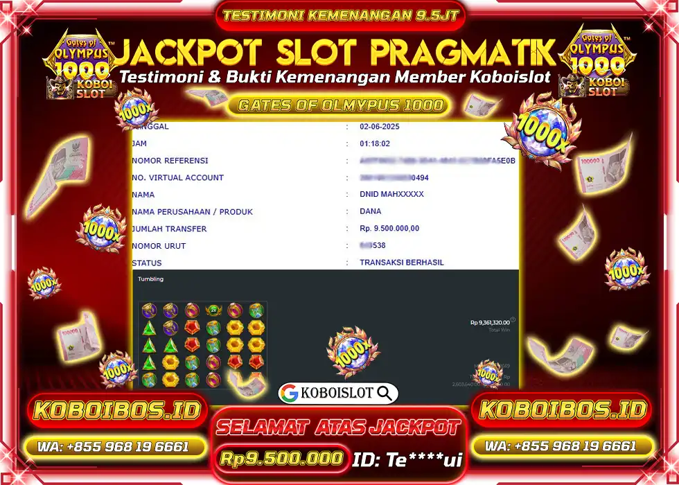 BUKTI KEMENANGAN SLOT GACOR GATES OF OLYMPUS 1000 Rp9.500.000,- LUNAS