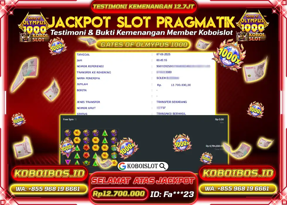 BUKTI KEMENANGAN SLOT GACOR GATES OF OLYMPUS 1000 Rp12.700.000,- LUNAS