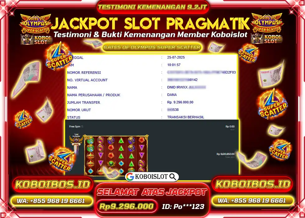 BUKTI KEMENANGAN SLOT GACOR GATES OF OLYMPUS SUPER SCATTER Rp9.296.000,- LUNAS