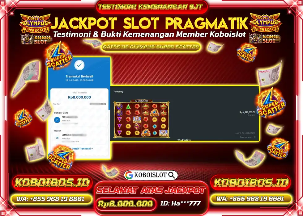 BUKTI KEMENANGAN Ha*** SLOT GACOR GATES OF OLYMPUS SUPER SCATTER Rp8.000.000,- LUNAS