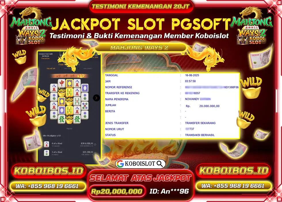 BUKTI KEMENANGAN An*** SLOT GACOR MAHJONG WAYS 2 Rp20.000.000,- LUNAS